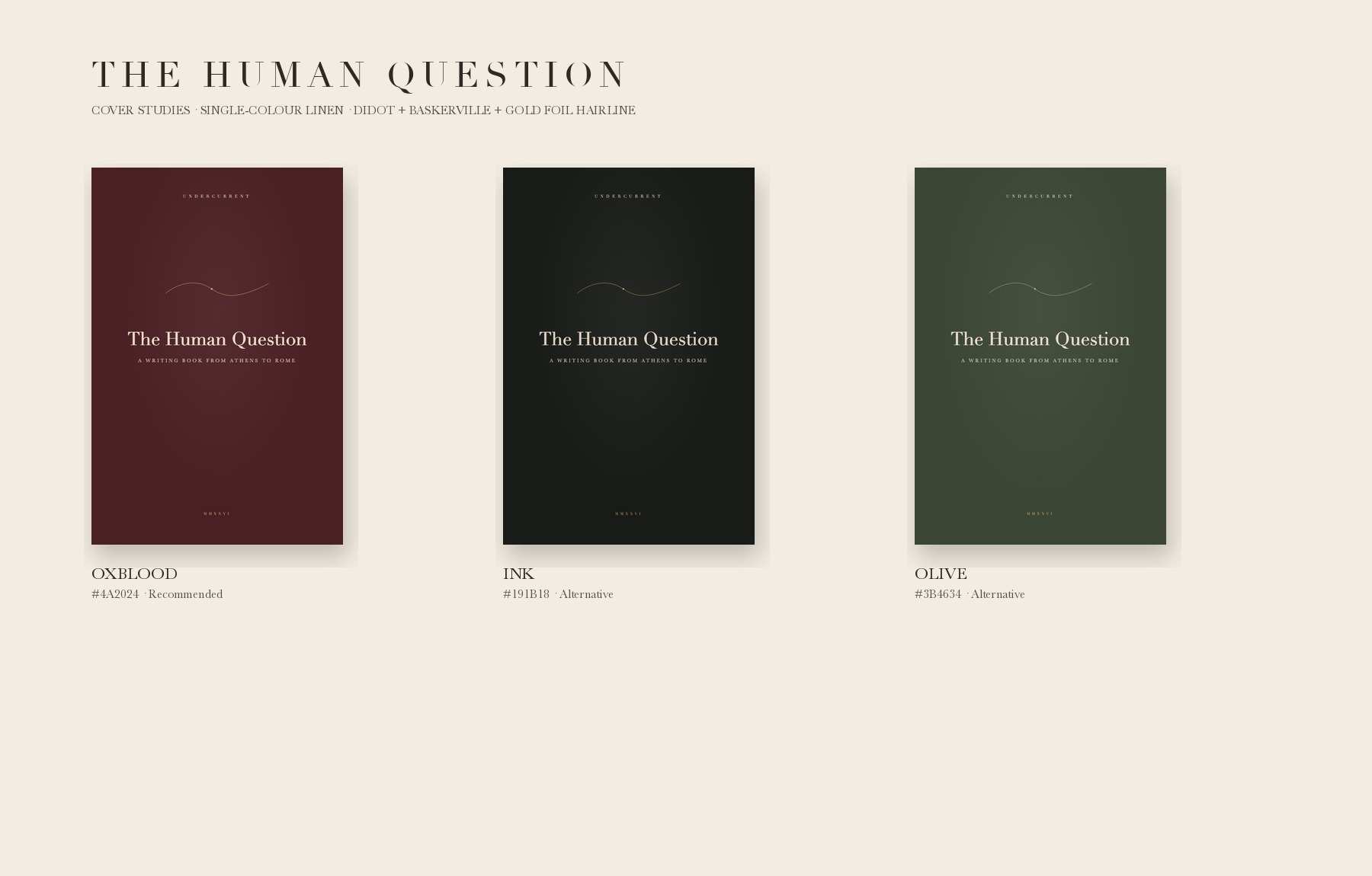 Cover colourways and typography for The Human Question