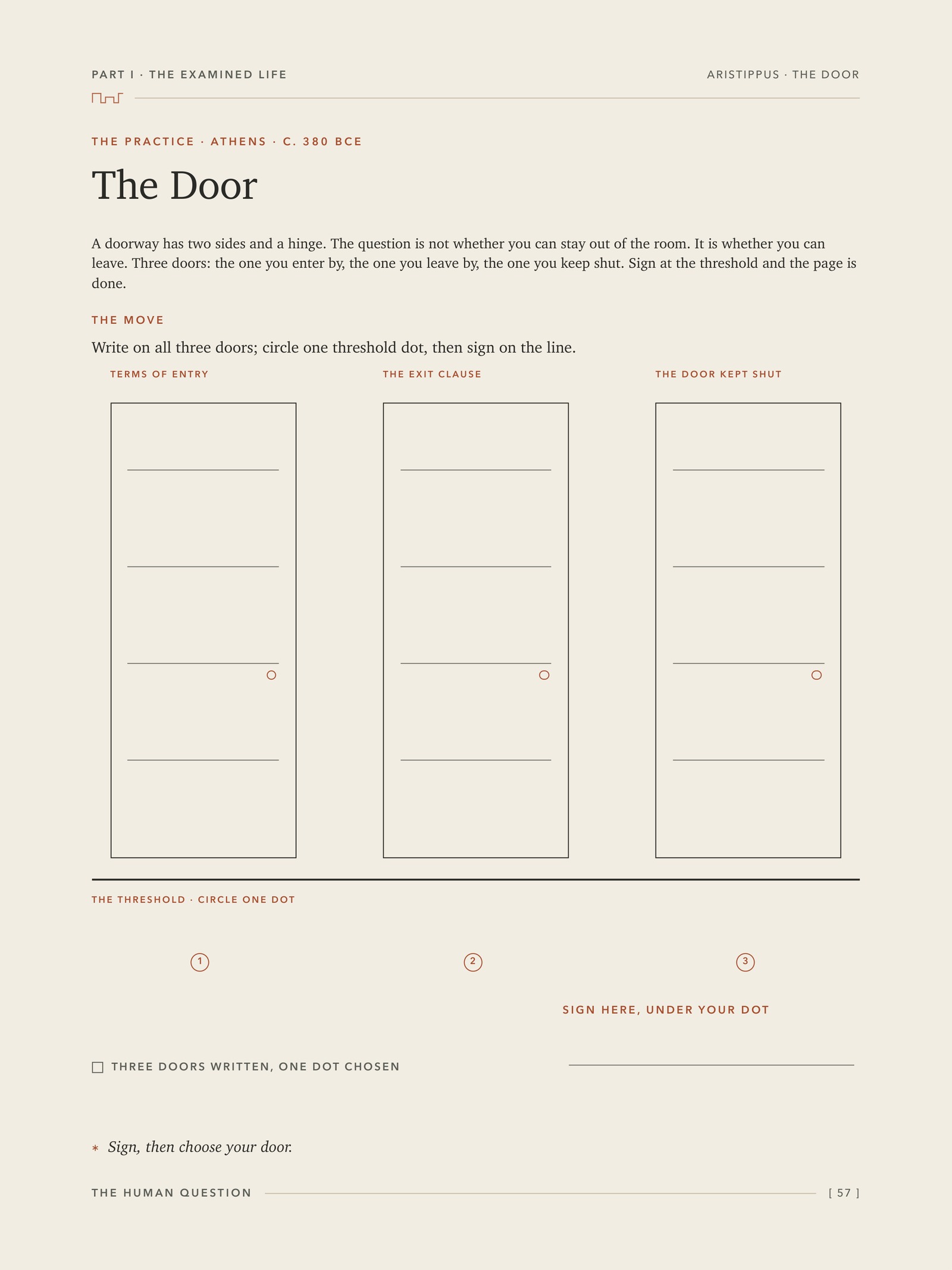 Interior page The Door with three writing panels and a threshold