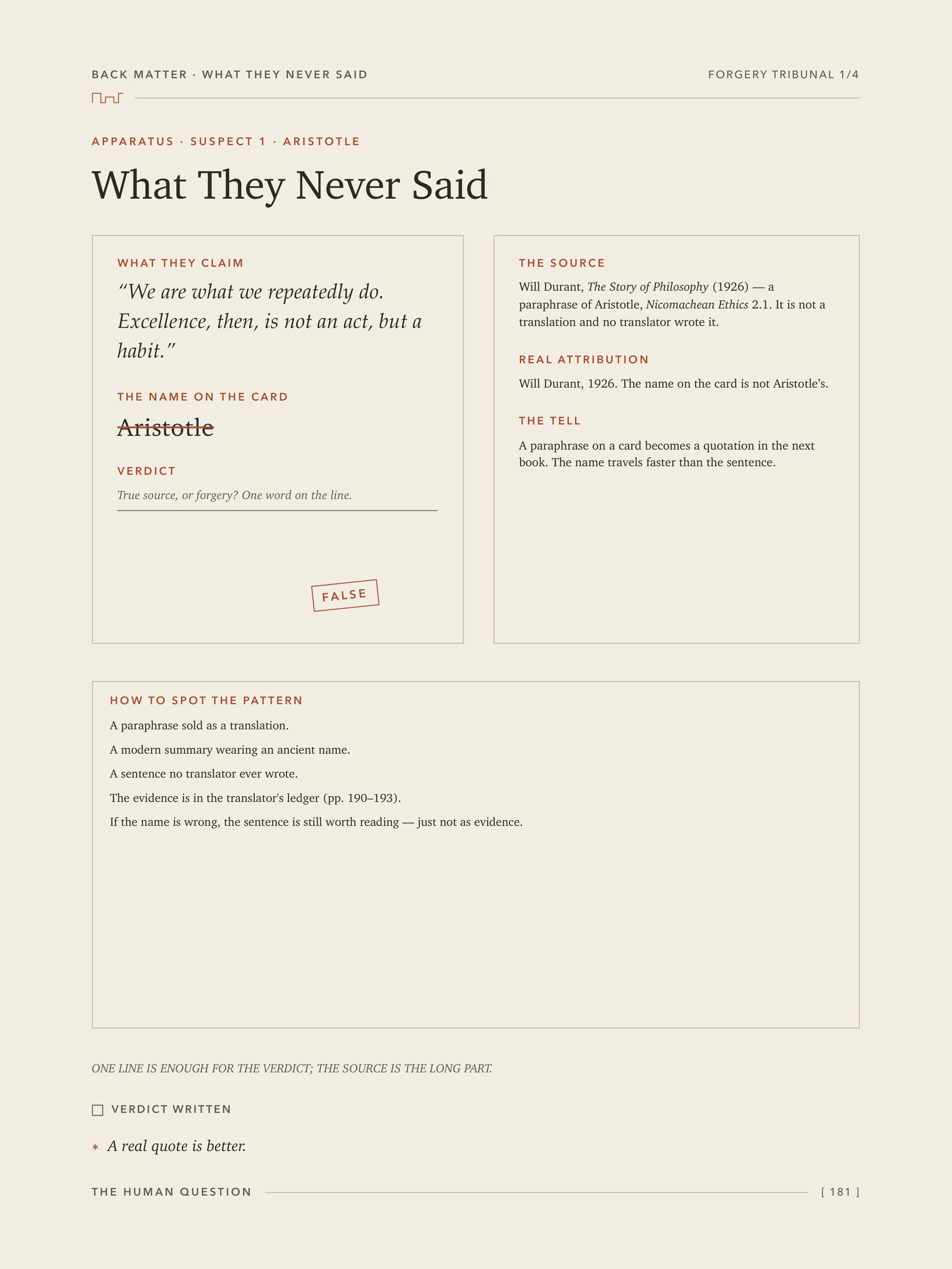 Fake-quote tribunal page with a FALSE stamp and source notes